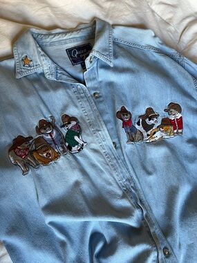 Let’s Quizz Again Vintage Sheriff Cowboy Cat Embroidered Denim Shirt